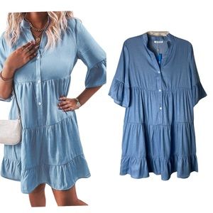Womens Blue Chambray Tiered Dress Size M Babydoll Flounce Midi Ruffle NEW